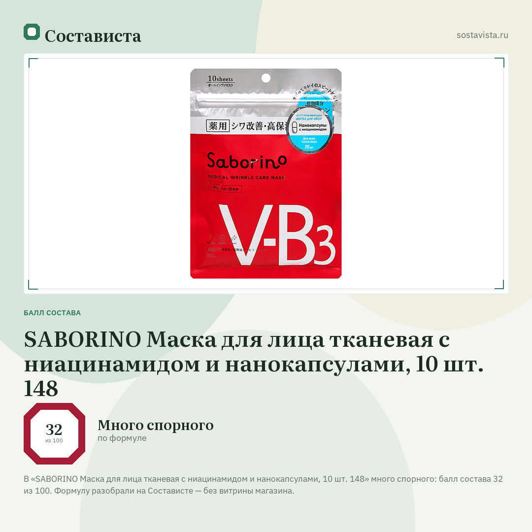 SABORINO Маска для лица тканевая с ниацинамидом и нанокапсулами, 10 шт. 148: балл состава 32 из 100 — Состависта
