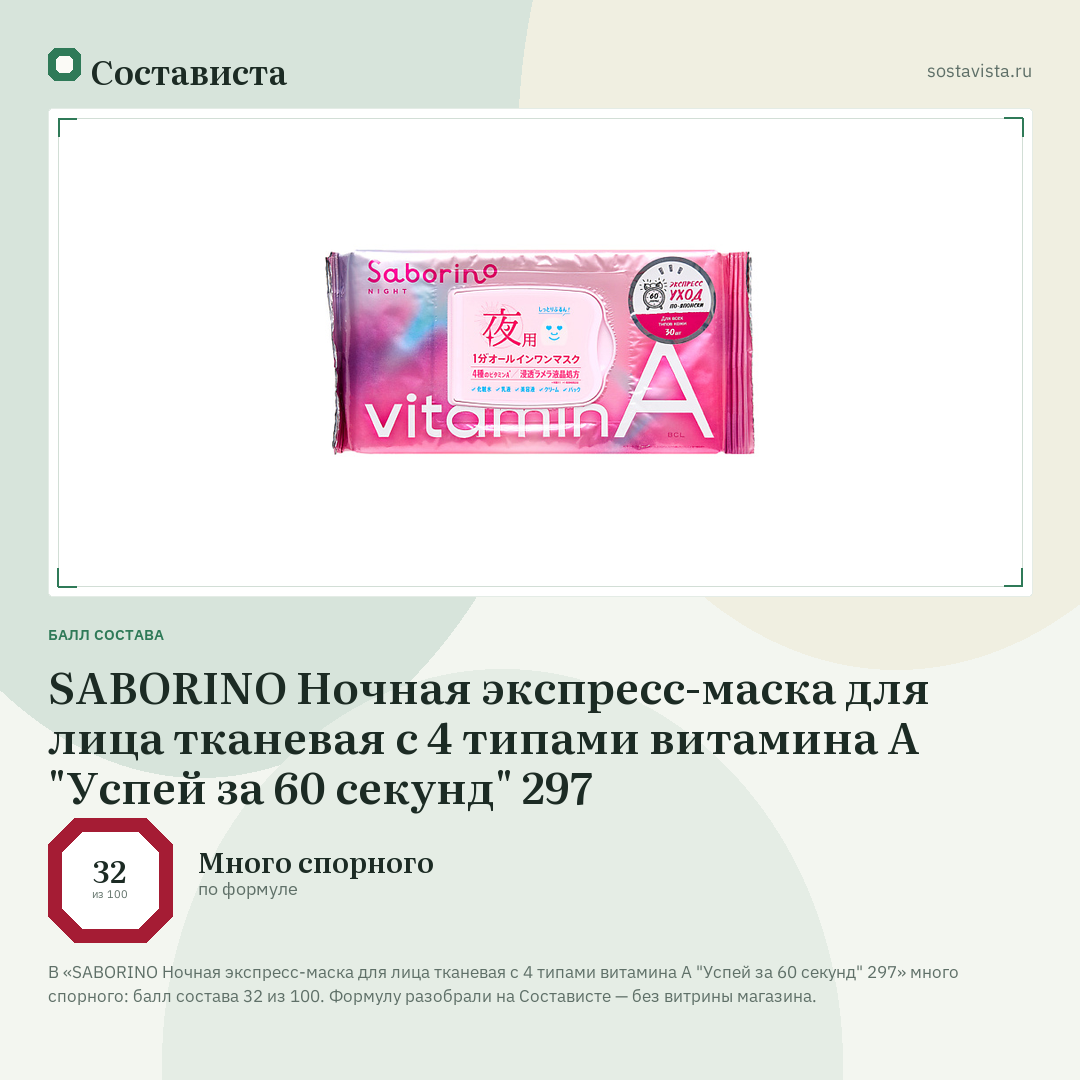 SABORINO Ночная экспресс-маска для лица тканевая с 4 типами витамина А "Успей за 60 секунд" 297: балл состава 32 из 100 — Состависта
