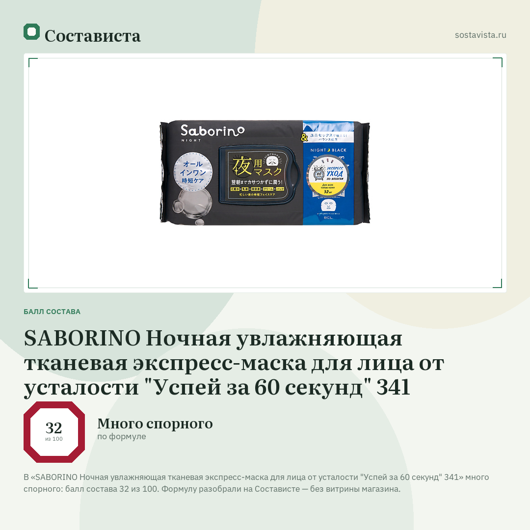 SABORINO Ночная увлажняющая тканевая экспресс-маска для лица от усталости "Успей за 60 секунд" 341: балл состава 32 из 100 — Состависта
