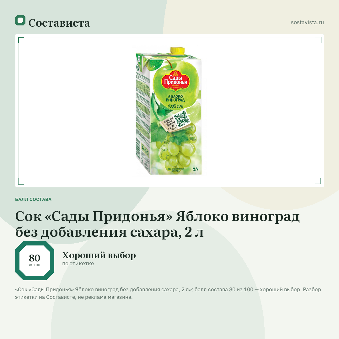 Сок «Сады Придонья» Яблоко виноград без добавления сахара, 2 л: балл состава 80 из 100 — Состависта