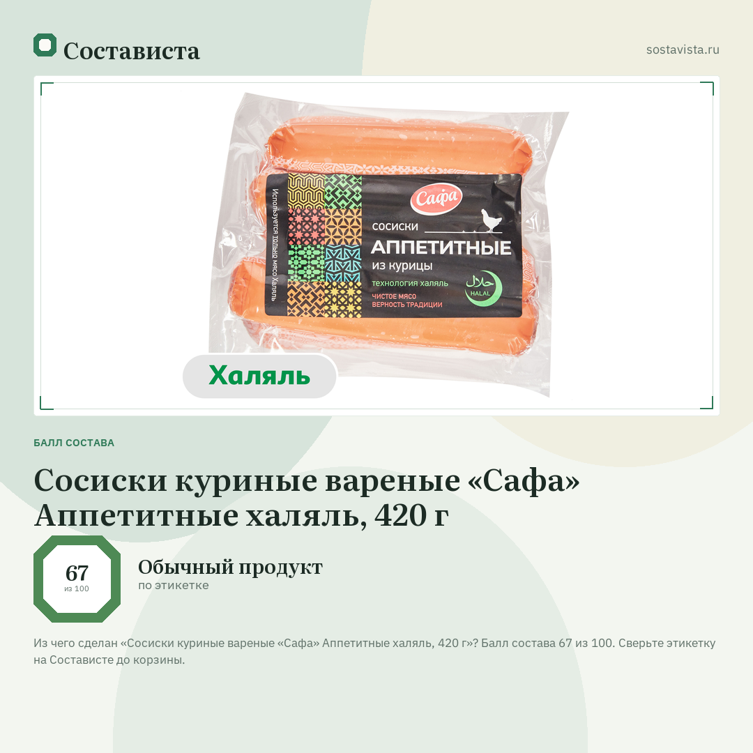 Сосиски куриные вареные «Сафа» Аппетитные халяль, 420 г: балл состава 67 из 100 — Состависта