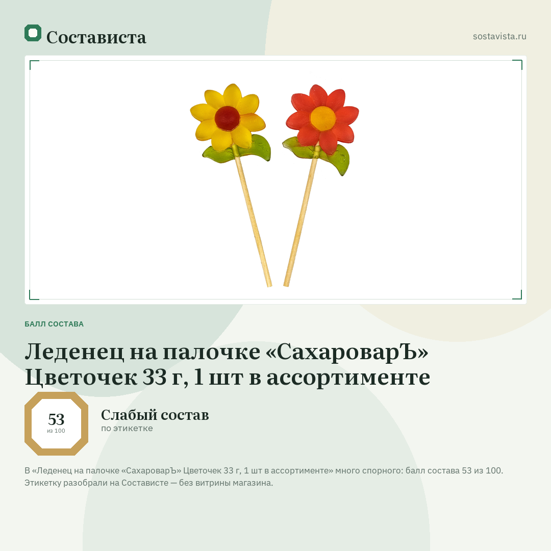 Леденец на палочке «СахароварЪ» Цветочек 33 г, 1 шт в ассортименте: балл состава 53 из 100 — Состависта