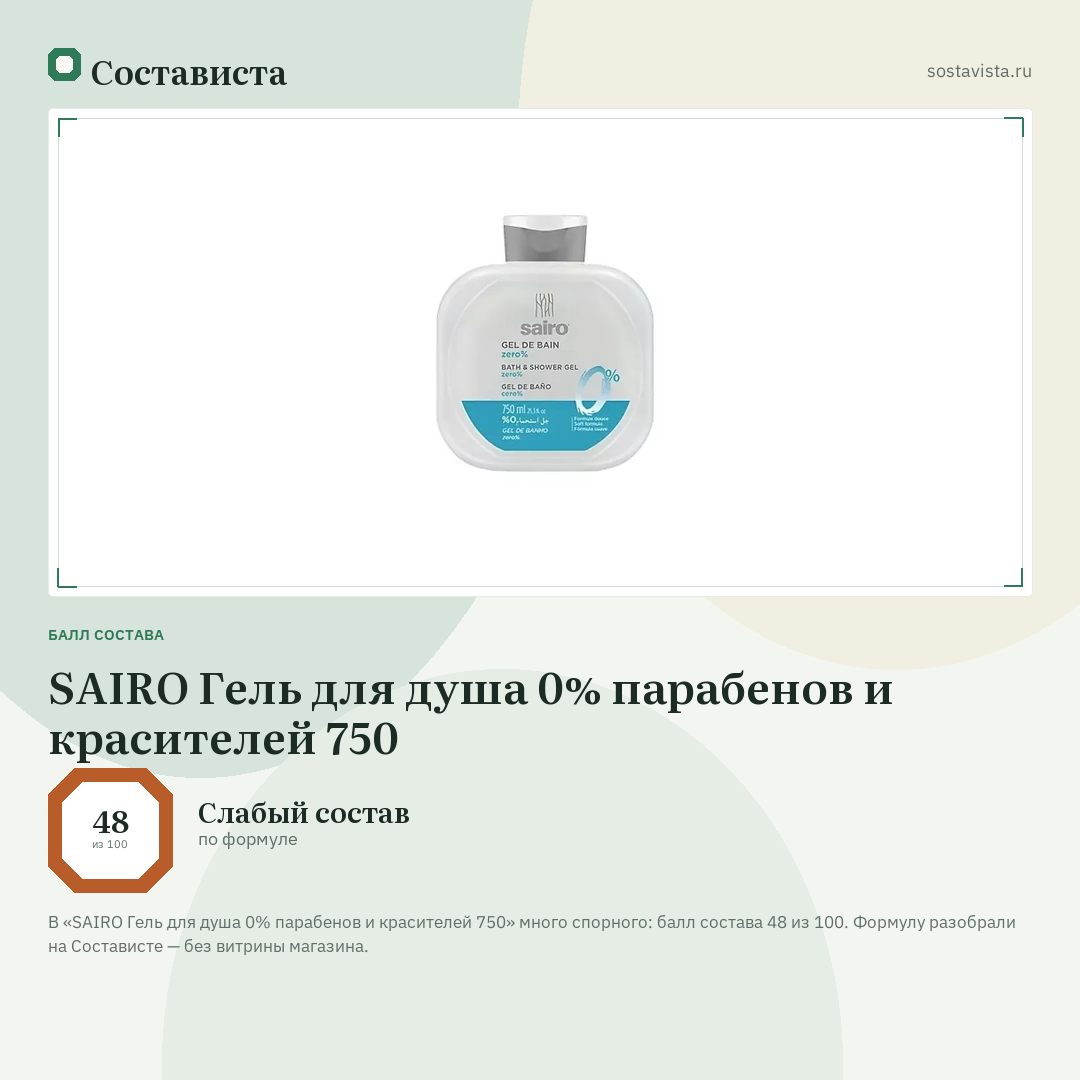 SAIRO Гель для душа 0% парабенов и красителей 750: балл состава 48 из 100 — Состависта