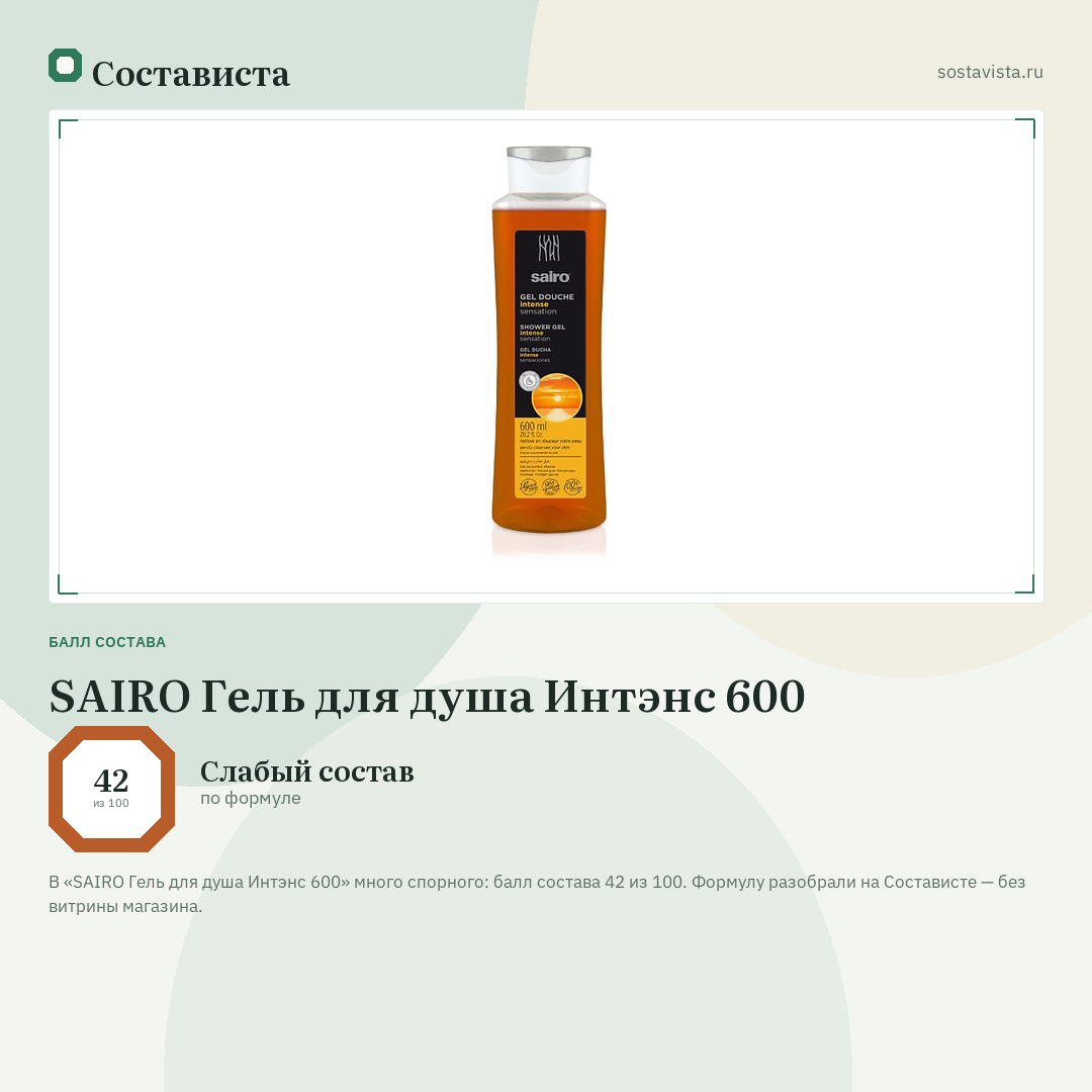SAIRO Гель для душа Интэнс 600: балл состава 42 из 100 — Состависта