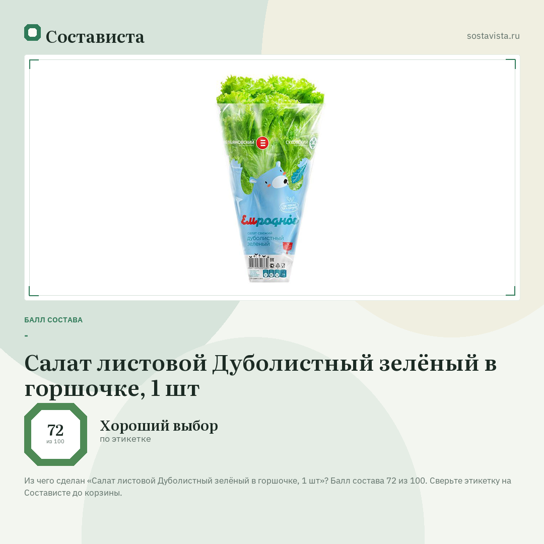 Салат листовой Дуболистный зелёный в горшочке, 1 шт: балл состава 72 из 100 — Состависта