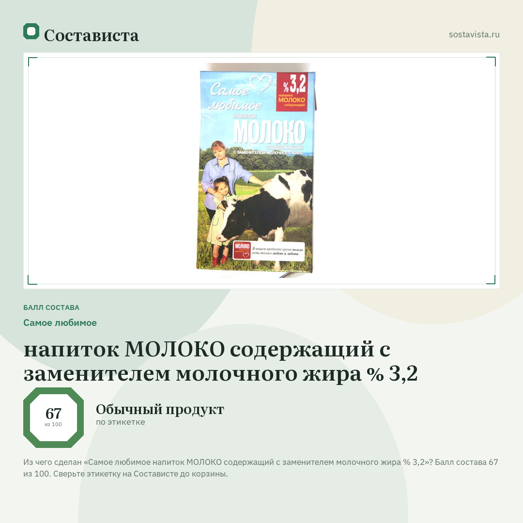 Самое любимое напиток МОЛОКО содержащий с заменителем молочного жира % 3,2: балл состава 67 из 100 — Состависта