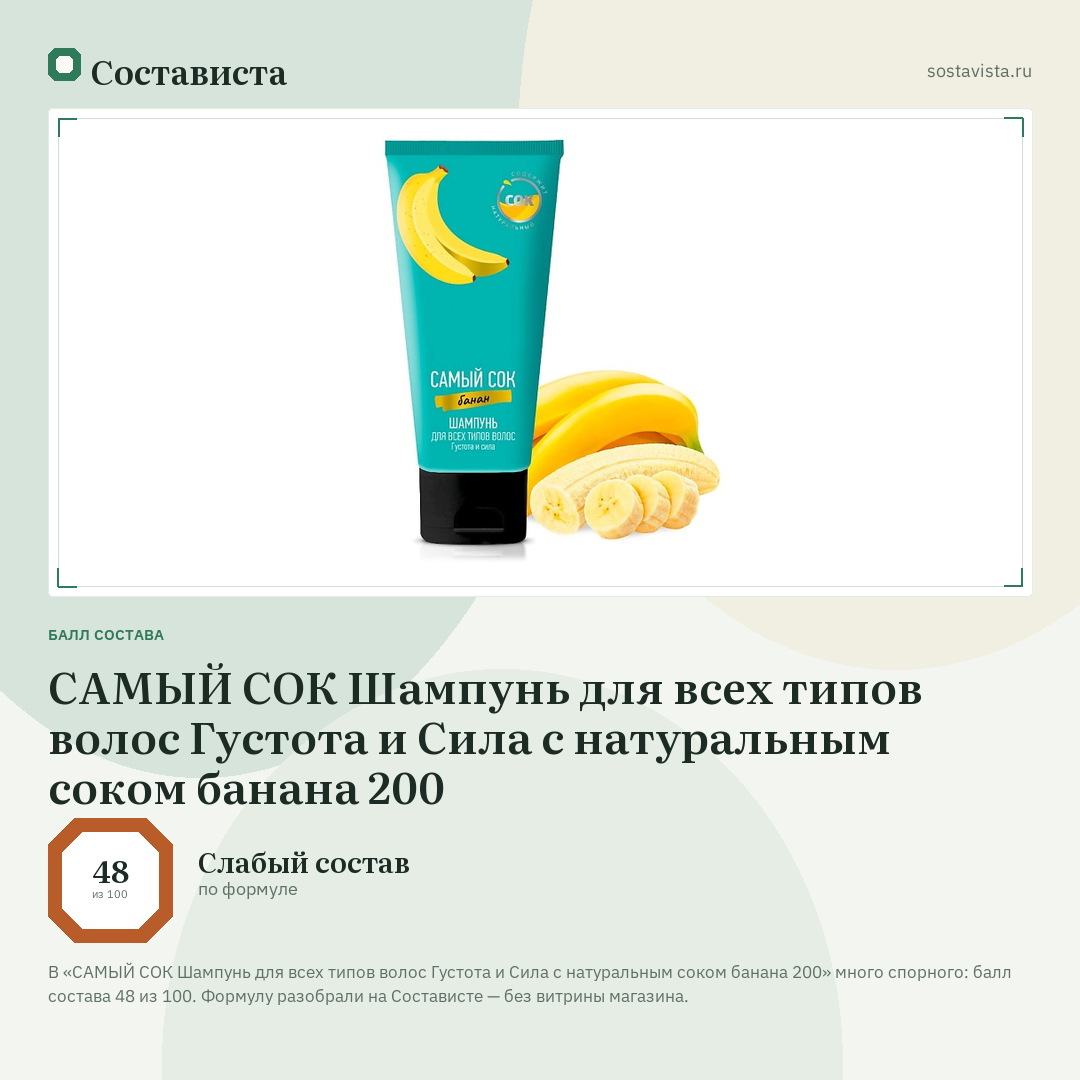 САМЫЙ СОК Шампунь для всех типов волос Густота и Сила с натуральным соком банана 200: балл состава 48 из 100 — Состависта