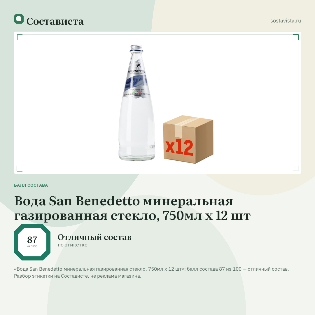 Вода San Benedetto минеральная газированная стекло, 750мл x 12 шт: балл состава 87 из 100 — Состависта