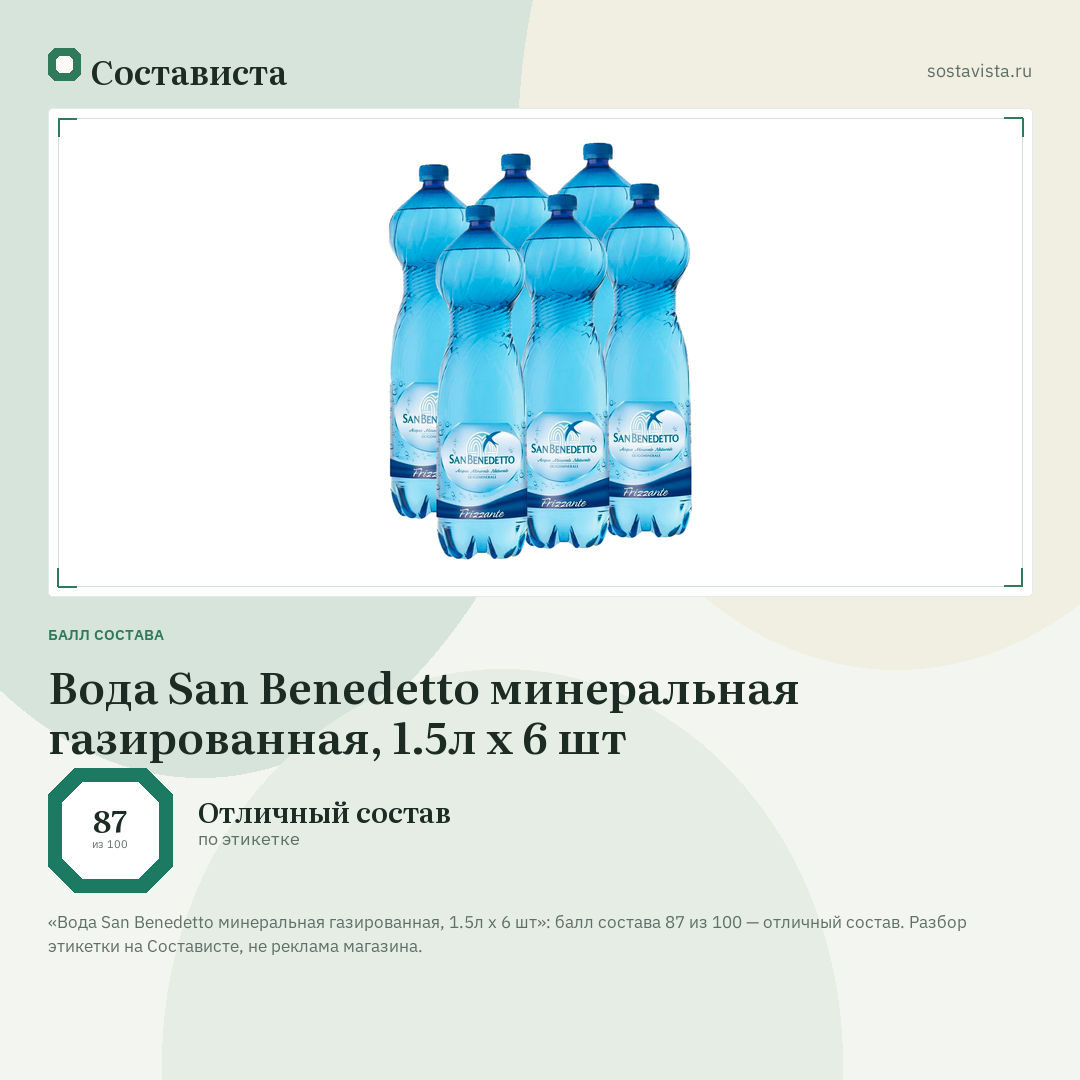 Вода San Benedetto минеральная газированная, 1.5л x 6 шт: балл состава 87 из 100 — Состависта