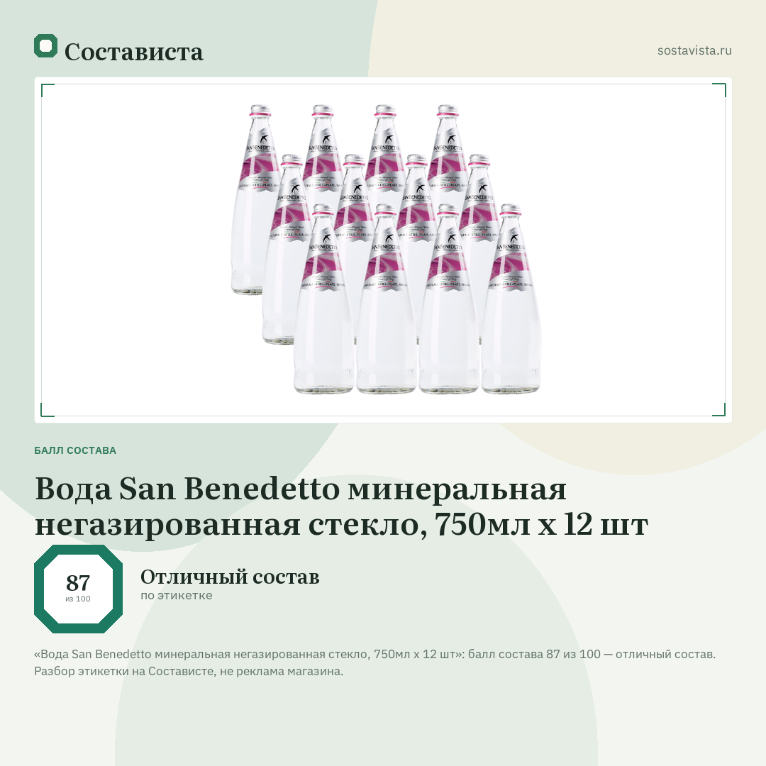 Вода San Benedetto минеральная негазированная стекло, 750мл x 12 шт: балл состава 87 из 100 — Состависта