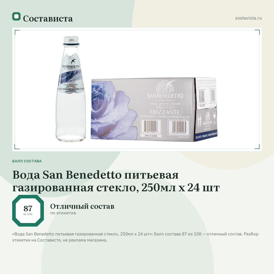 Вода San Benedetto питьевая газированная стекло, 250мл x 24 шт: балл состава 87 из 100 — Состависта