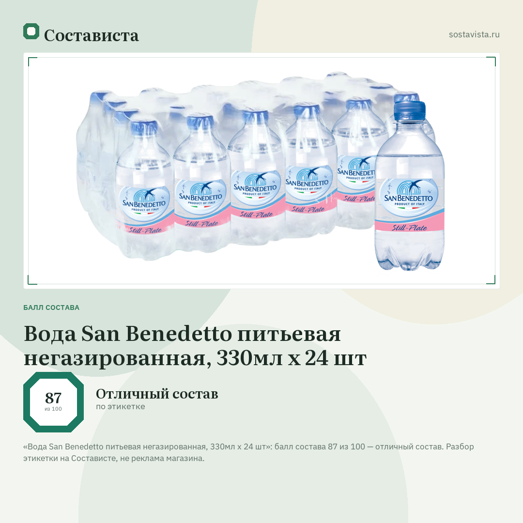 Вода San Benedetto питьевая негазированная, 330мл x 24 шт: балл состава 87 из 100 — Состависта
