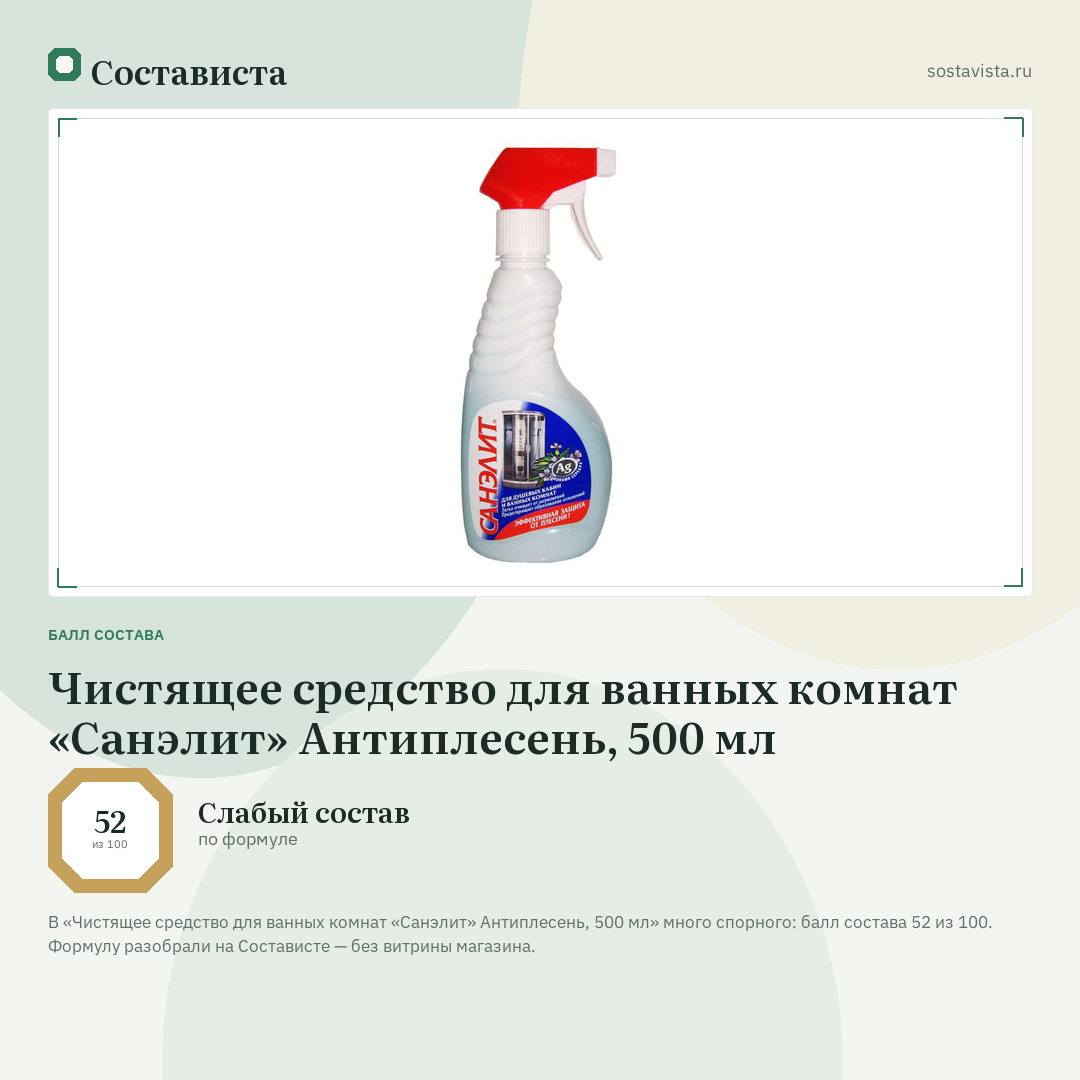 Чистящее средство для ванных комнат «Санэлит» Антиплесень, 500 мл: балл состава 52 из 100 — Состависта