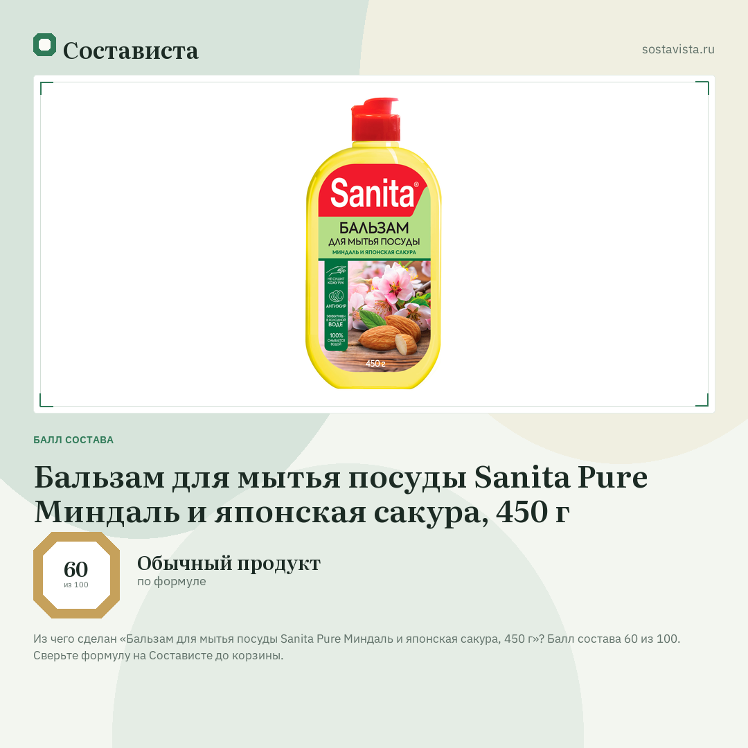 Бальзам для мытья посуды Sanita Pure Миндаль и японская сакура, 450 г: балл состава 60 из 100 — Состависта