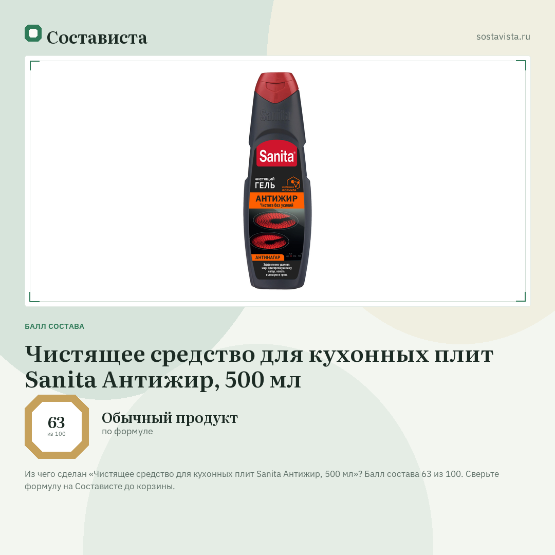 Чистящее средство для кухонных плит Sanita Антижир, 500 мл: балл состава 63 из 100 — Состависта