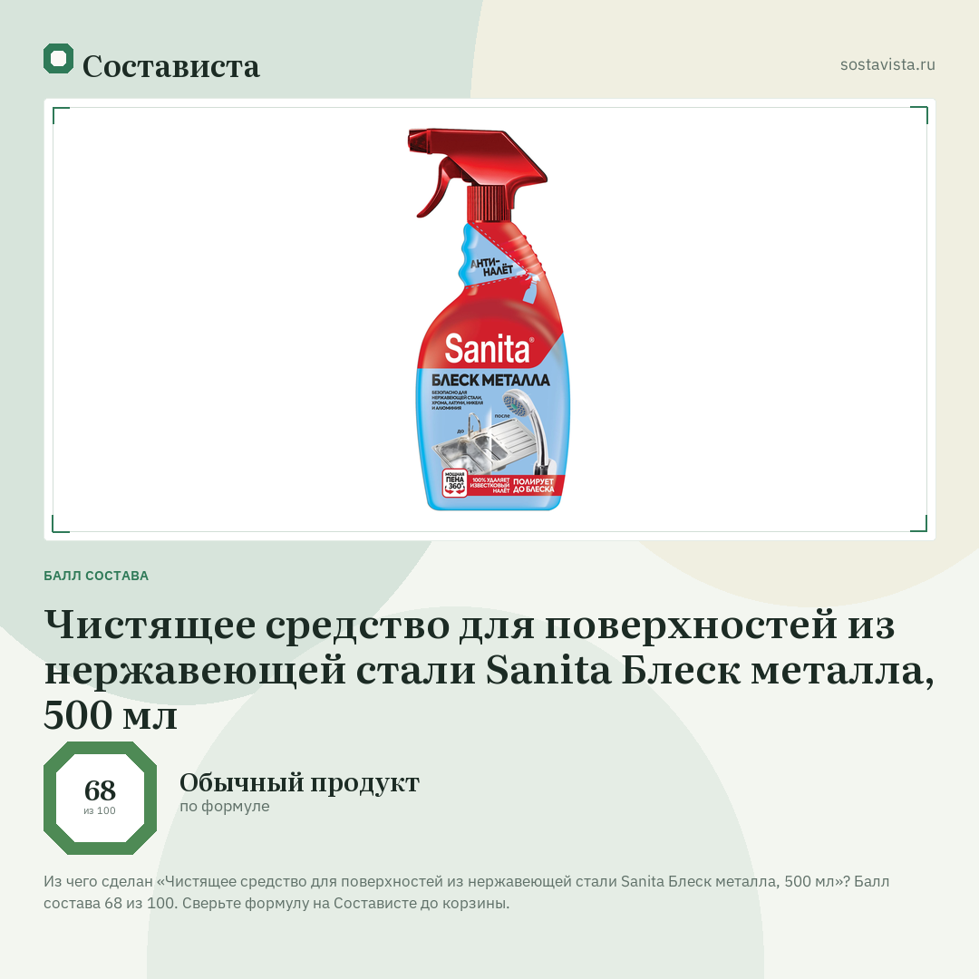 Чистящее средство для поверхностей из нержавеющей стали Sanita Блеск металла, 500 мл: балл состава 68 из 100 — Состависта