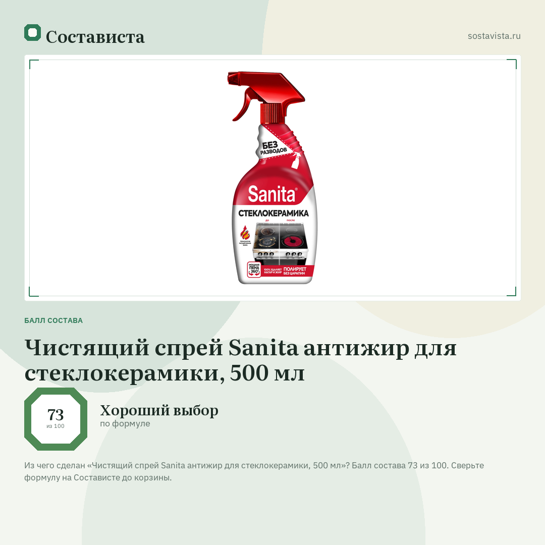 Чистящий спрей Sanita антижир для стеклокерамики, 500 мл: балл состава 73 из 100 — Состависта