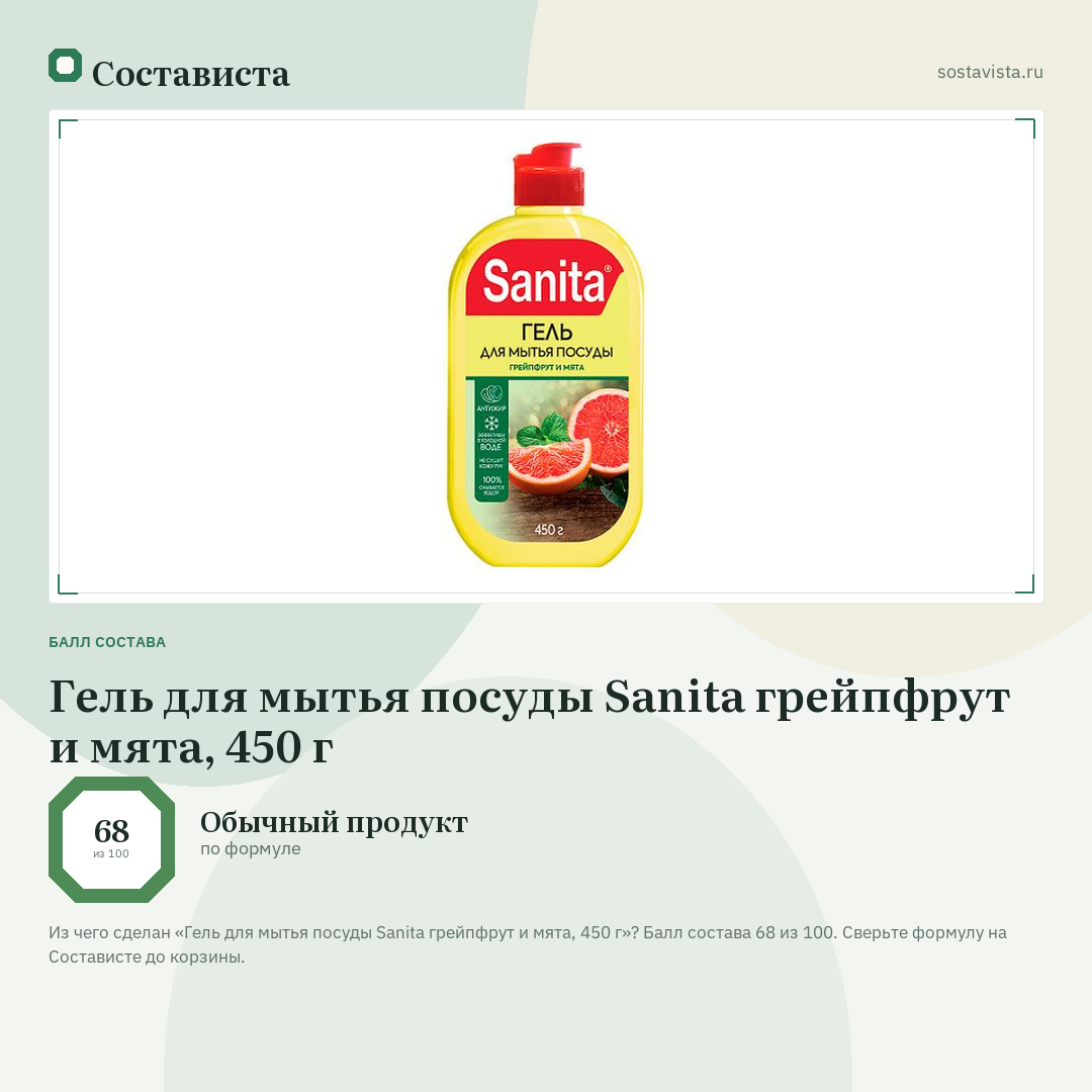 Гель для мытья посуды Sanita грейпфрут и мята, 450 г: балл состава 68 из 100 — Состависта