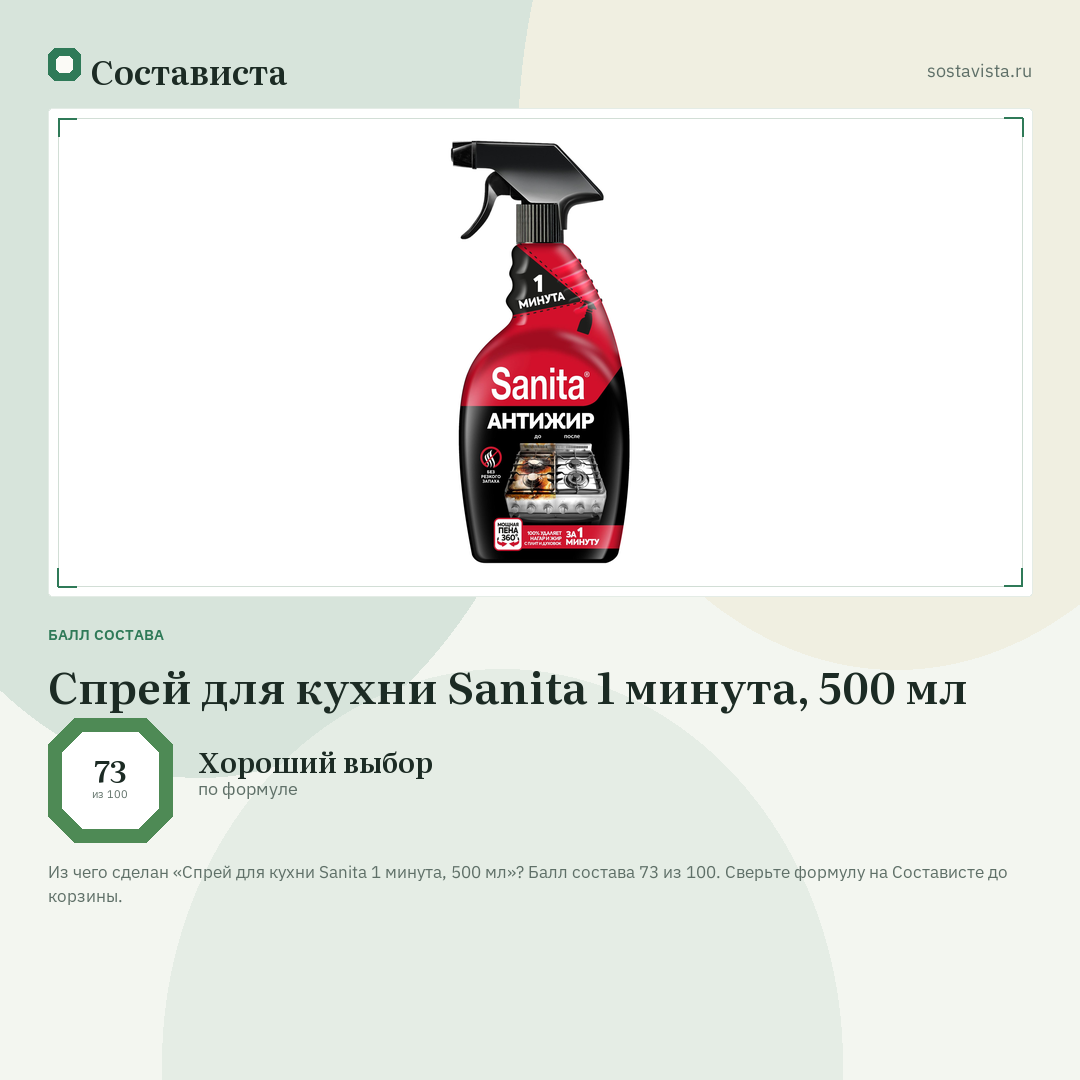 Спрей для кухни Sanita 1 минута, 500 мл: балл состава 73 из 100 — Состависта