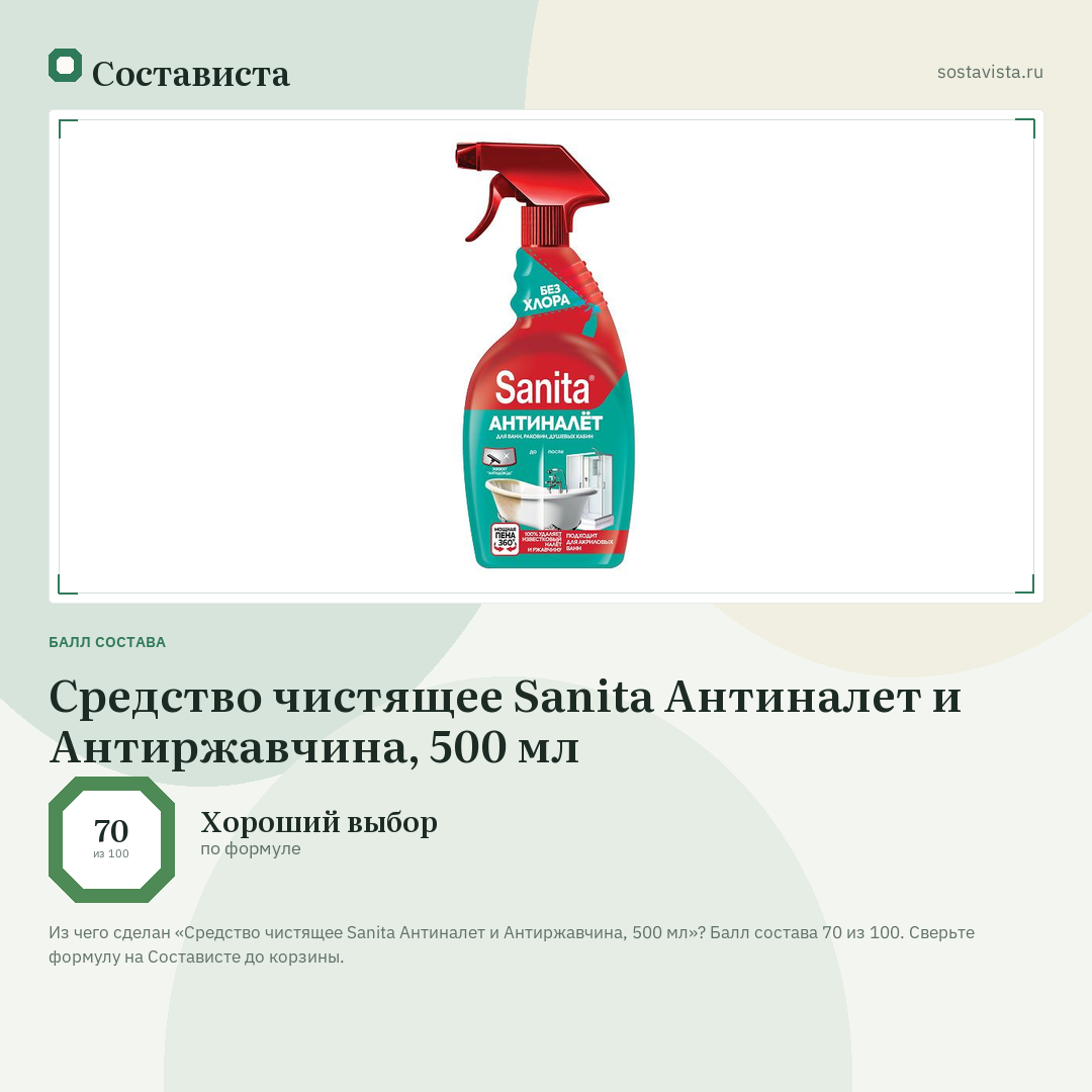 Средство чистящее Sanita Антиналет и Антиржавчина, 500 мл: балл состава 70 из 100 — Состависта