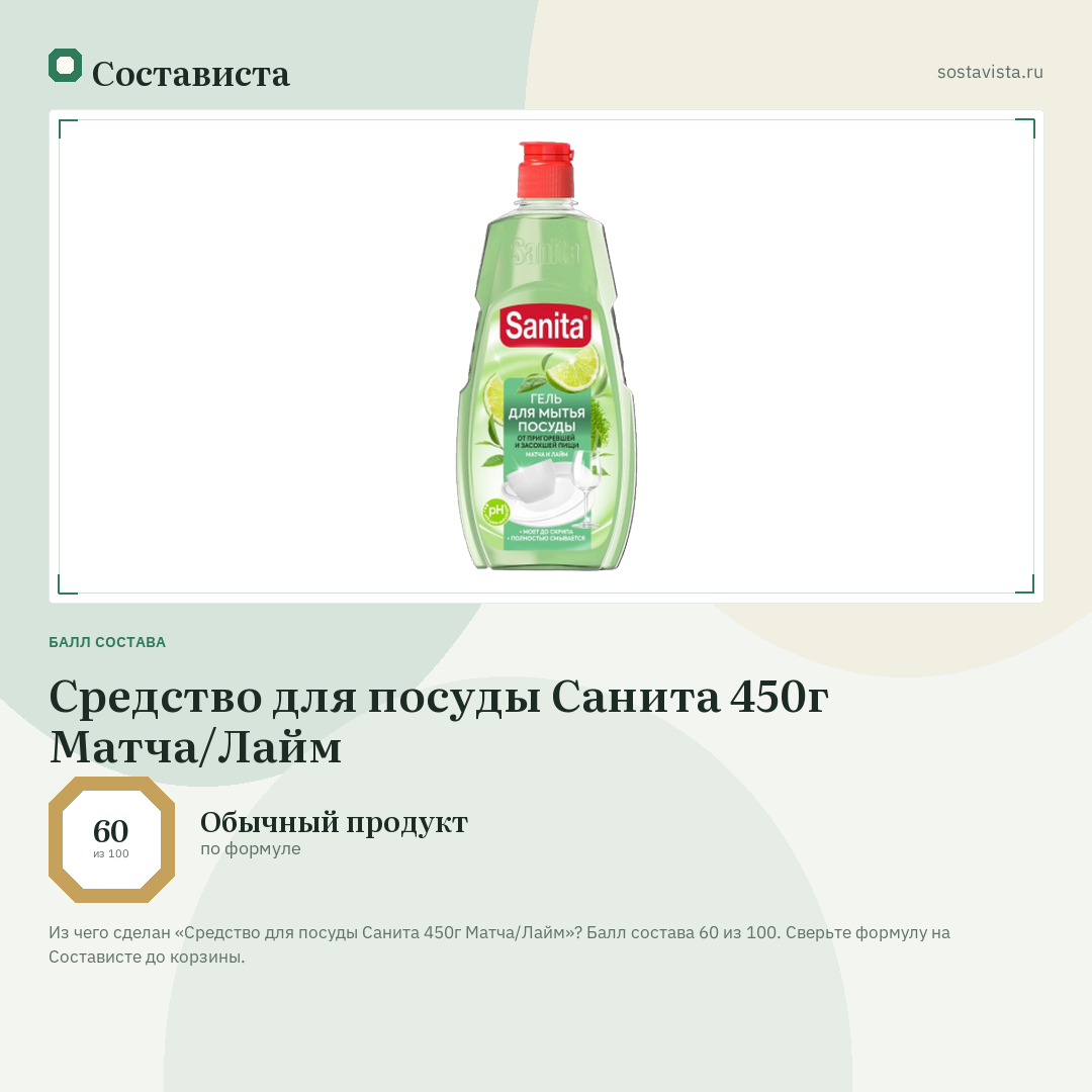 Средство для посуды Санита 450г Матча/Лайм: балл состава 60 из 100 — Состависта