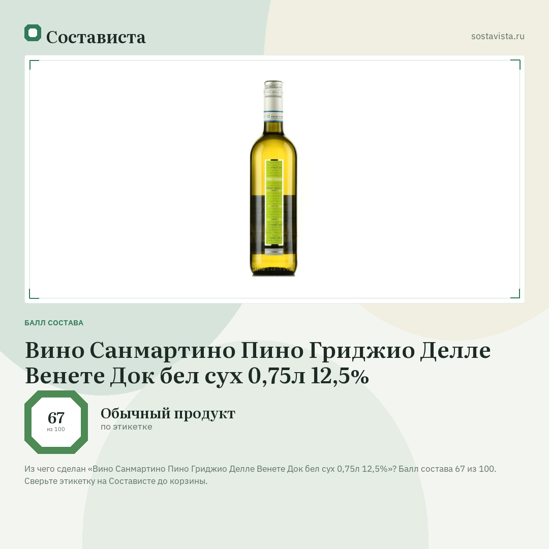 Вино Санмартино Пино Гриджио Делле Венете Док бел сух 0,75л 12,5%: балл состава 67 из 100 — Состависта