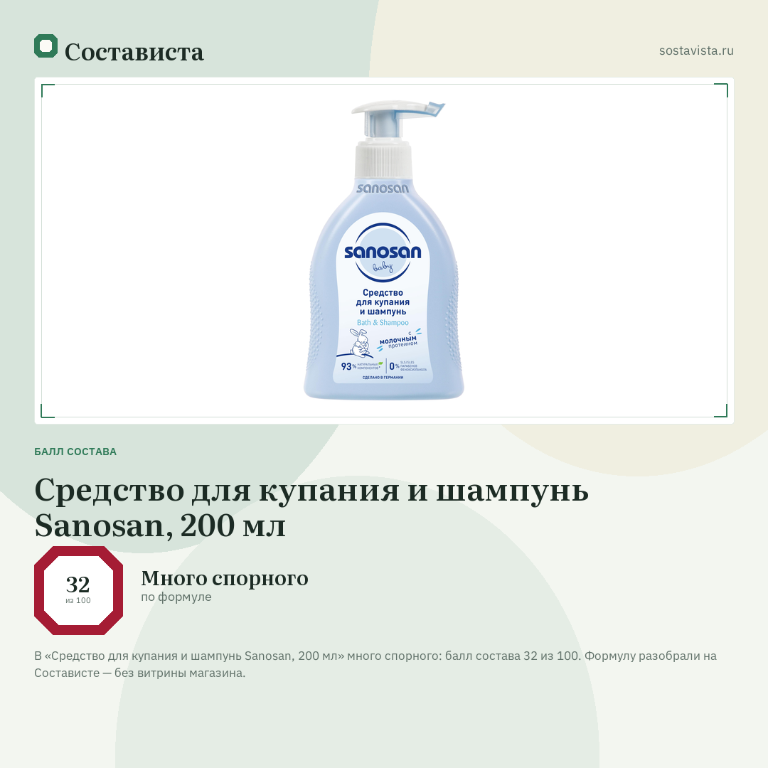 Средство для купания и шампунь Sanosan, 200 мл: балл состава 32 из 100 — Состависта