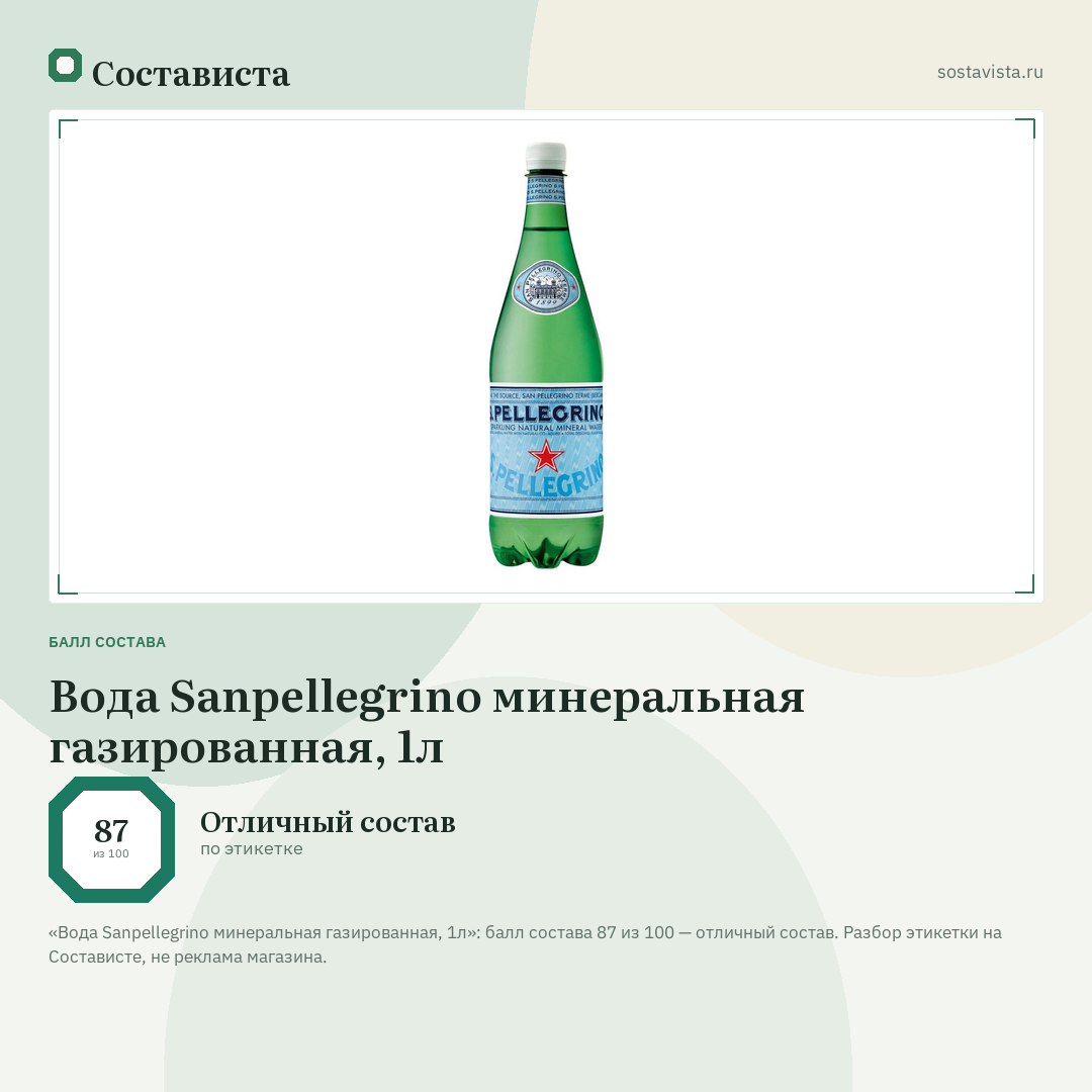 Вода Sanpellegrino минеральная газированная, 1л: балл состава 87 из 100 — Состависта