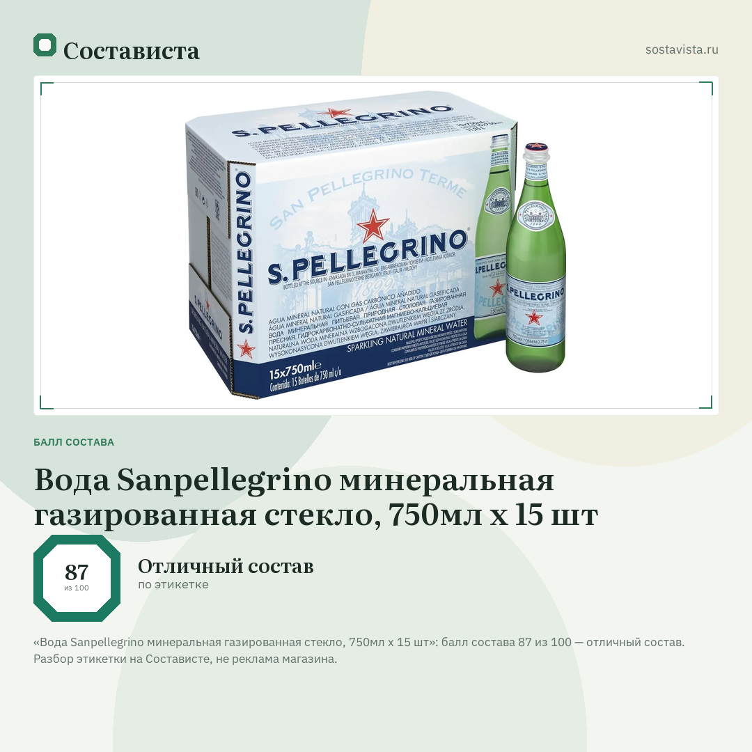 Вода Sanpellegrino минеральная газированная стекло, 750мл x 15 шт: балл состава 87 из 100 — Состависта