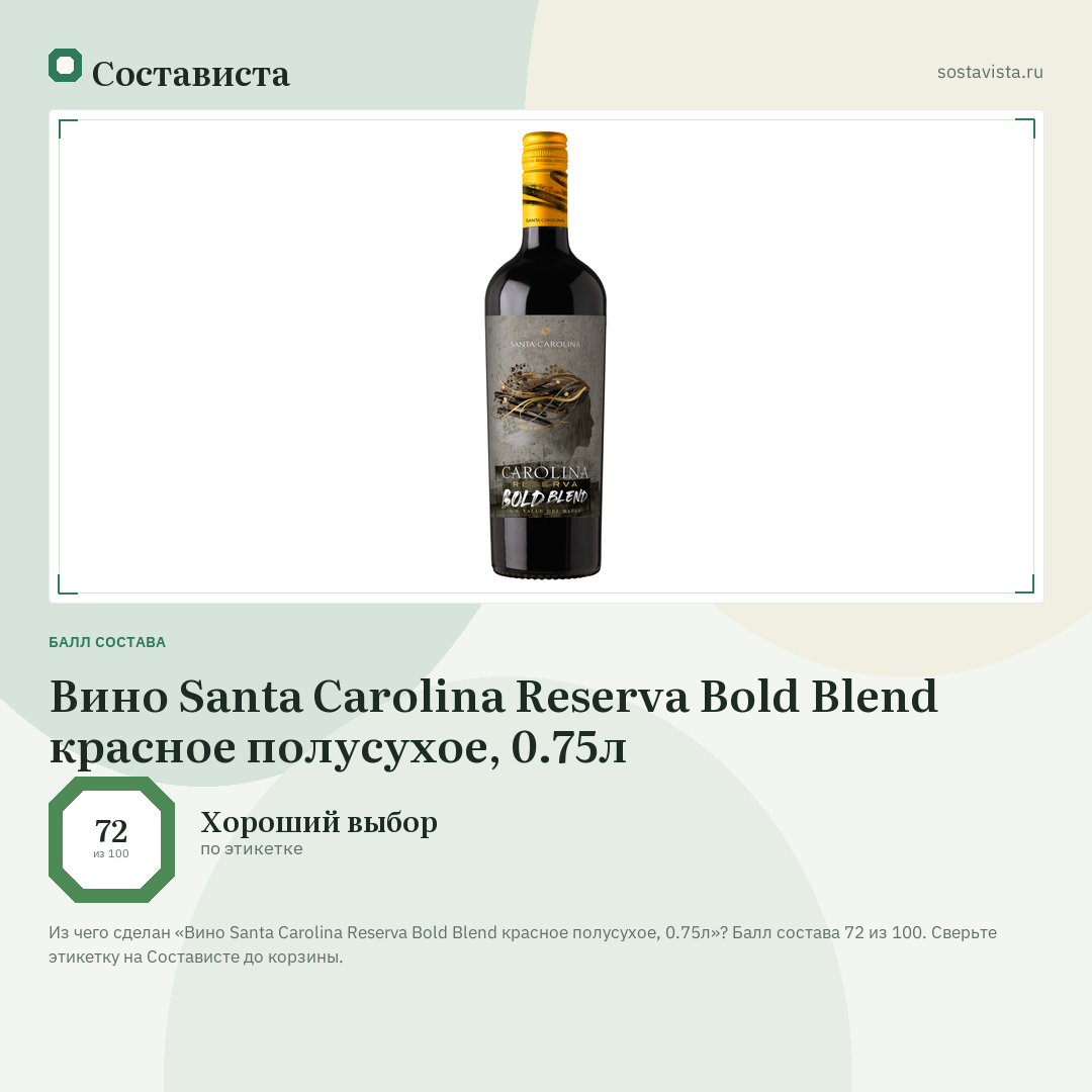 Вино Santa Carolina Reserva Bold Blend красное полусухое, 0.75л: балл состава 72 из 100 — Состависта