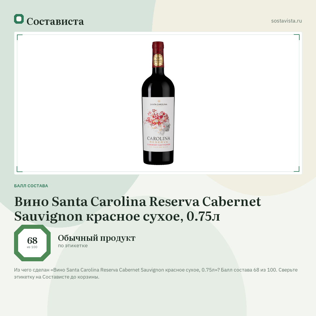 Вино Santa Carolina Reserva Cabernet Sauvignon красное сухое, 0.75л: балл состава 68 из 100 — Состависта
