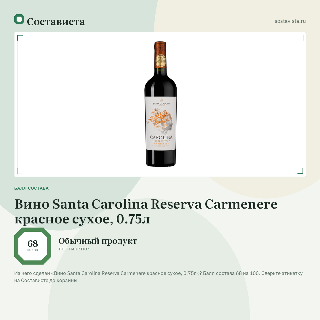 Вино Santa Carolina Reserva Carmenere красное сухое, 0.75л: балл состава 68 из 100 — Состависта