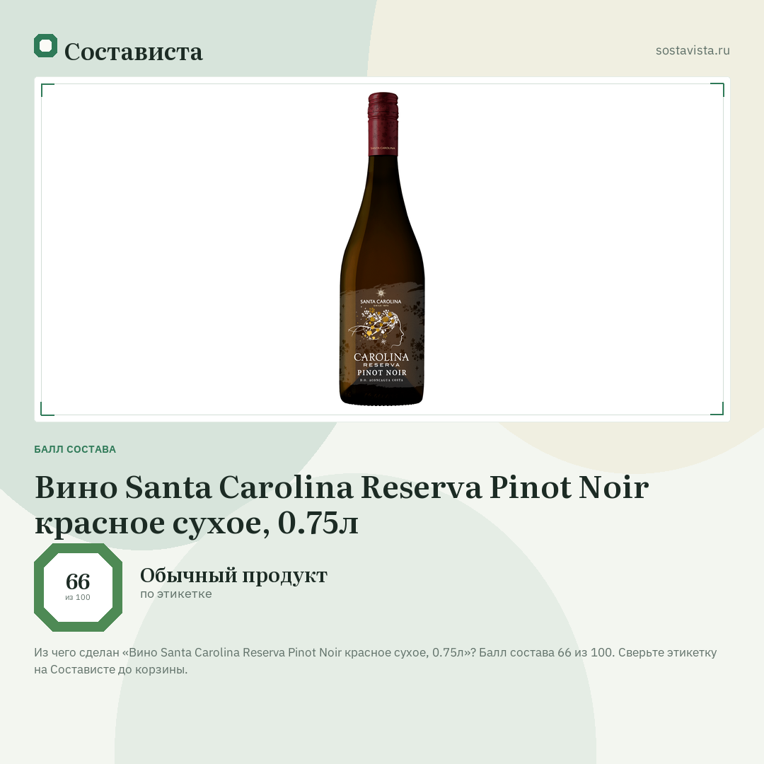 Вино Santa Carolina Reserva Pinot Noir красное сухое, 0.75л: балл состава 66 из 100 — Состависта