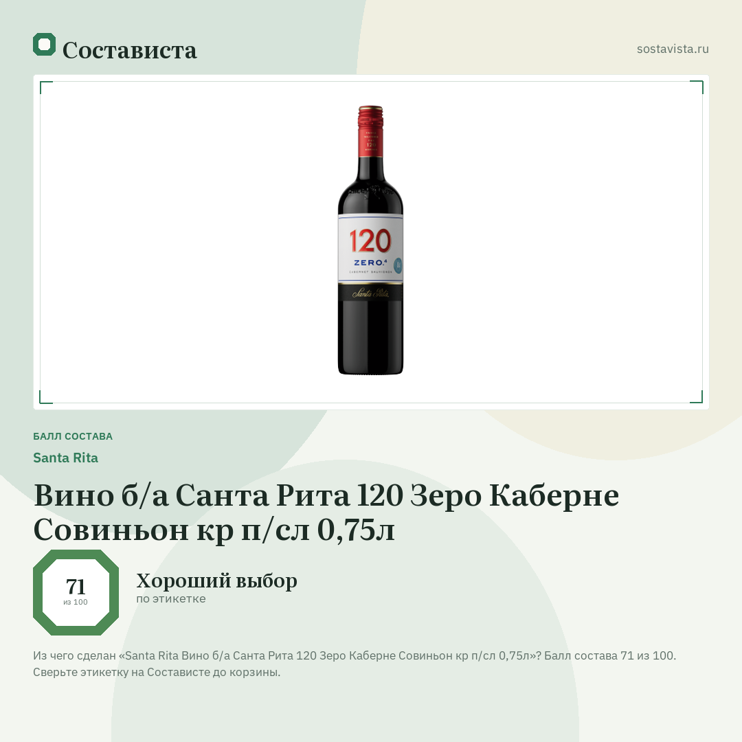Santa Rita Вино б/а Санта Рита 120 Зеро Каберне Совиньон кр п/сл 0,75л: балл состава 71 из 100 — Состависта