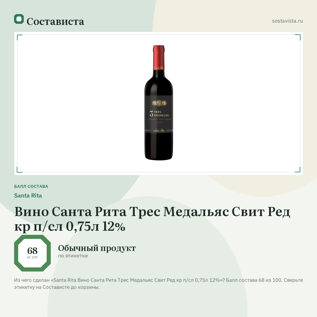 Santa Rita Вино Санта Рита Трес Медальяс Свит Ред кр п/сл 0,75л 12%: балл состава 68 из 100 — Состависта