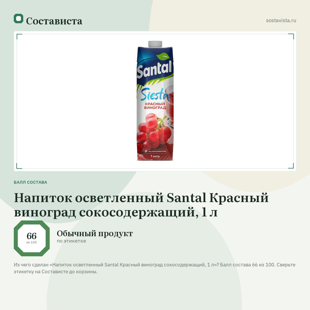 Напиток осветленный Santal Красный виноград сокосодержащий, 1 л: балл состава 66 из 100 — Состависта