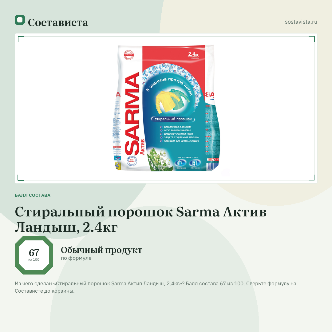 Стиральный порошок Sarma Актив Ландыш, 2.4кг: балл состава 67 из 100 — Состависта