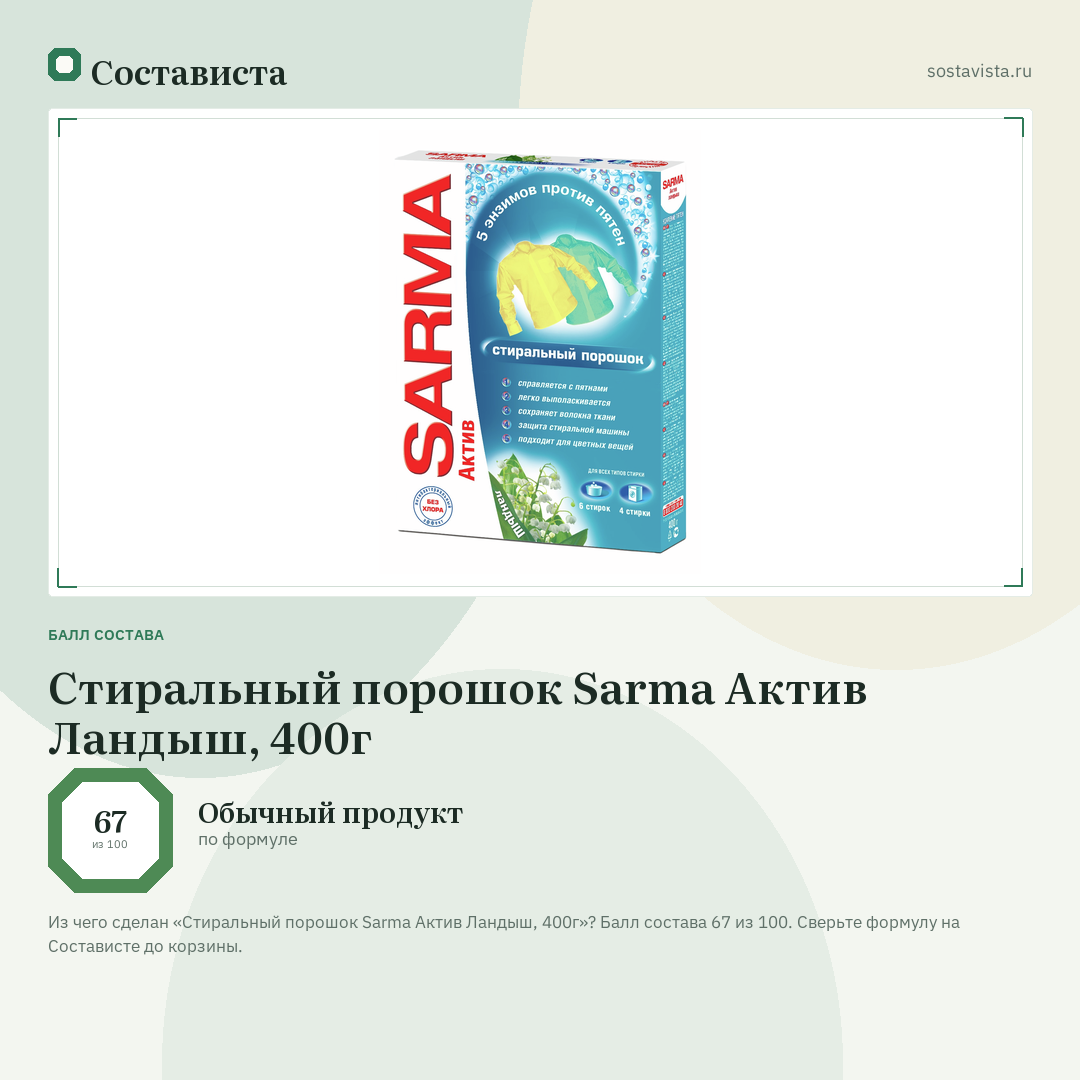 Стиральный порошок Sarma Актив Ландыш, 400г: балл состава 67 из 100 — Состависта