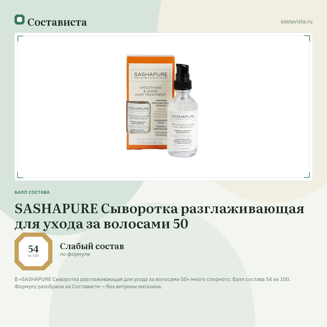 SASHAPURE Сыворотка разглаживающая для ухода за волосами 50: балл состава 54 из 100 — Состависта