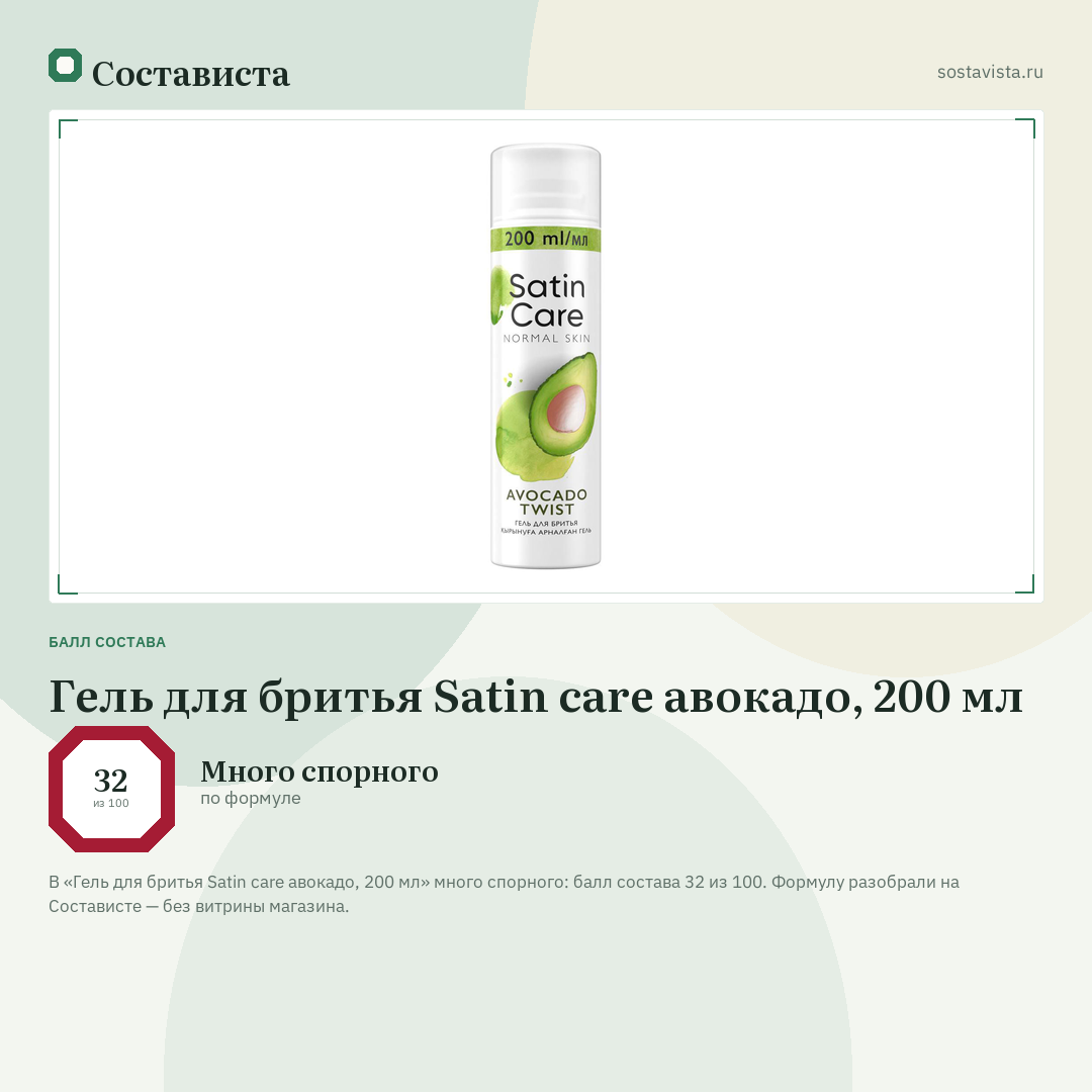 Гель для бритья Satin care авокадо, 200 мл: балл состава 32 из 100 — Состависта