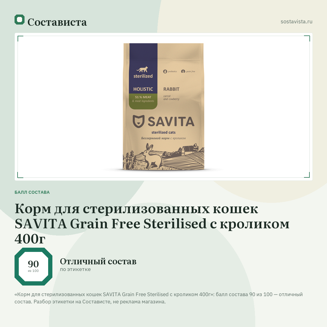 Корм для стерилизованных кошек SAVITA Grain Free Sterilised с кроликом 400г: балл состава 90 из 100 — Состависта