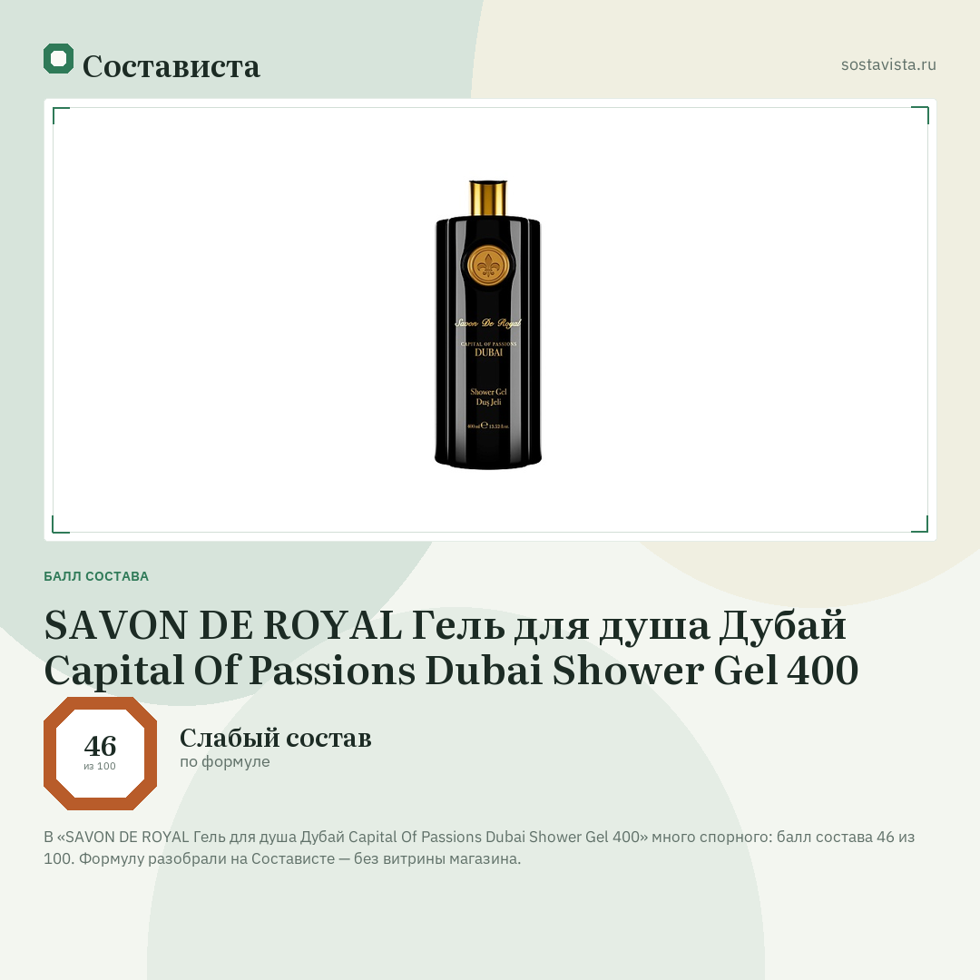 SAVON DE ROYAL Гель для душа Дубай Capital Of Passions Dubai Shower Gel 400: балл состава 46 из 100 — Состависта