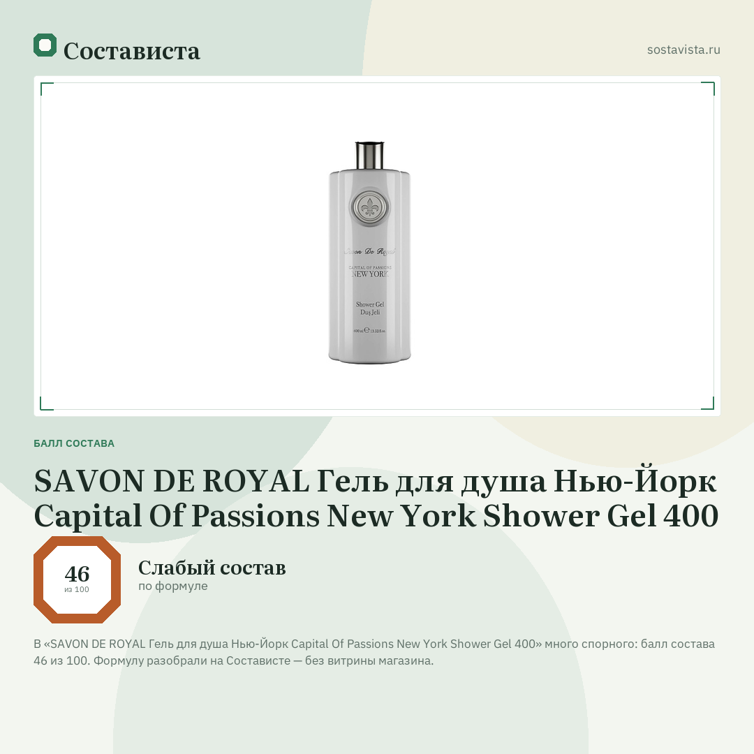SAVON DE ROYAL Гель для душа Нью-Йорк Capital Of Passions New York Shower Gel 400: балл состава 46 из 100 — Состависта