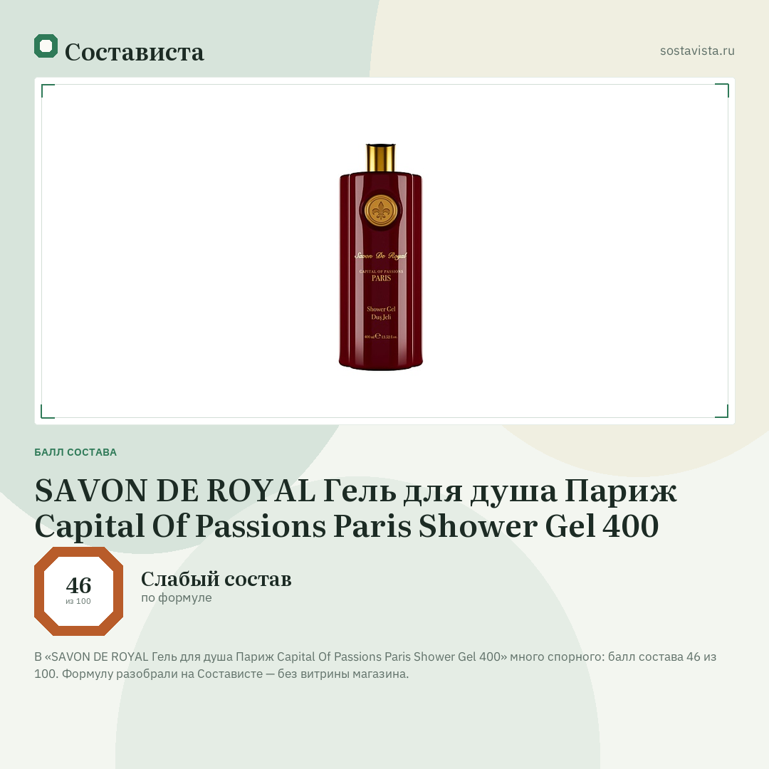 SAVON DE ROYAL Гель для душа Париж Capital Of Passions Paris Shower Gel 400: балл состава 46 из 100 — Состависта