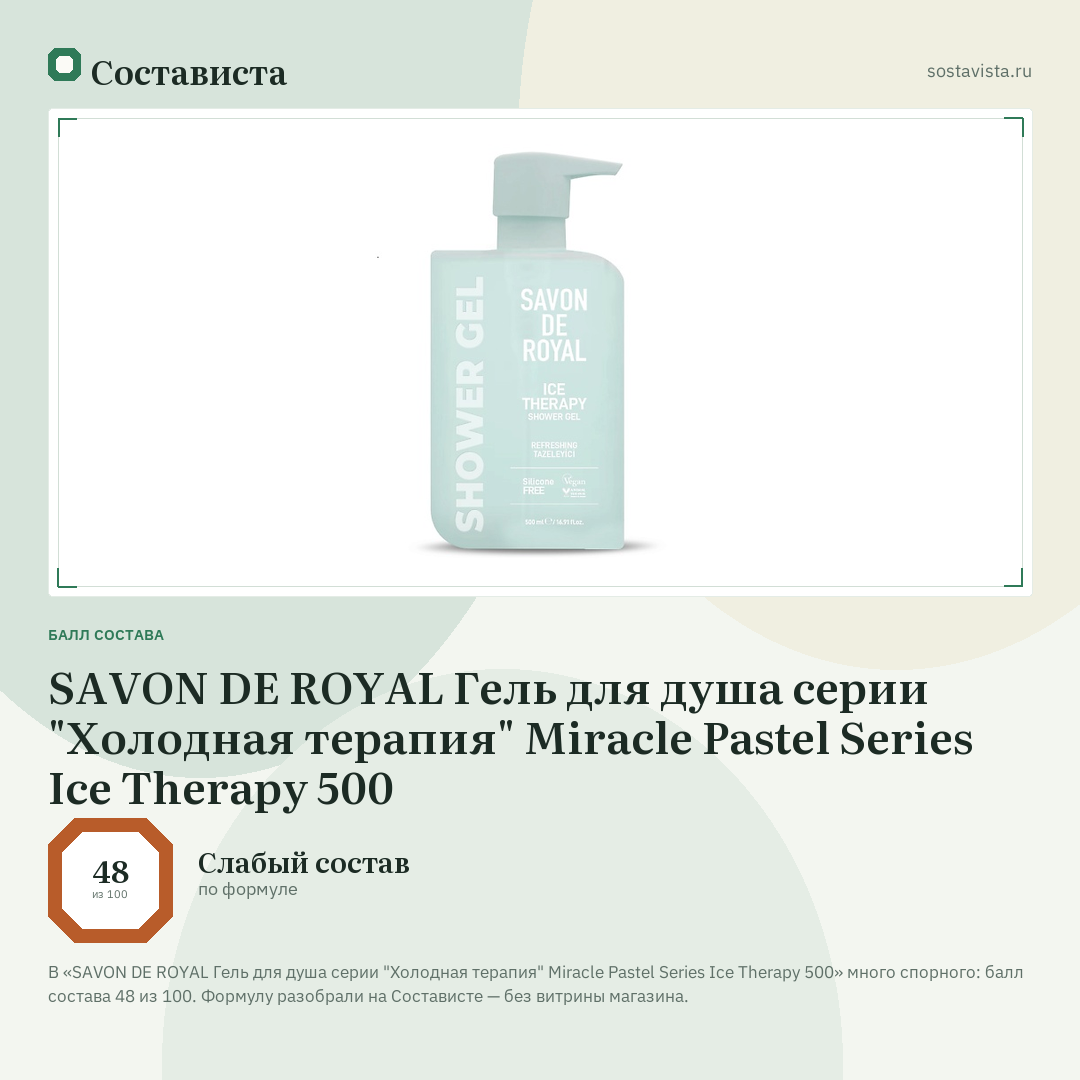 SAVON DE ROYAL Гель для душа серии "Холодная терапия" Miracle Pastel Series Ice Therapy 500: балл состава 48 из 100 — Состависта