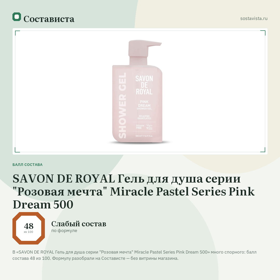 SAVON DE ROYAL Гель для душа серии "Розовая мечта" Miracle Pastel Series Pink Dream 500: балл состава 48 из 100 — Состависта