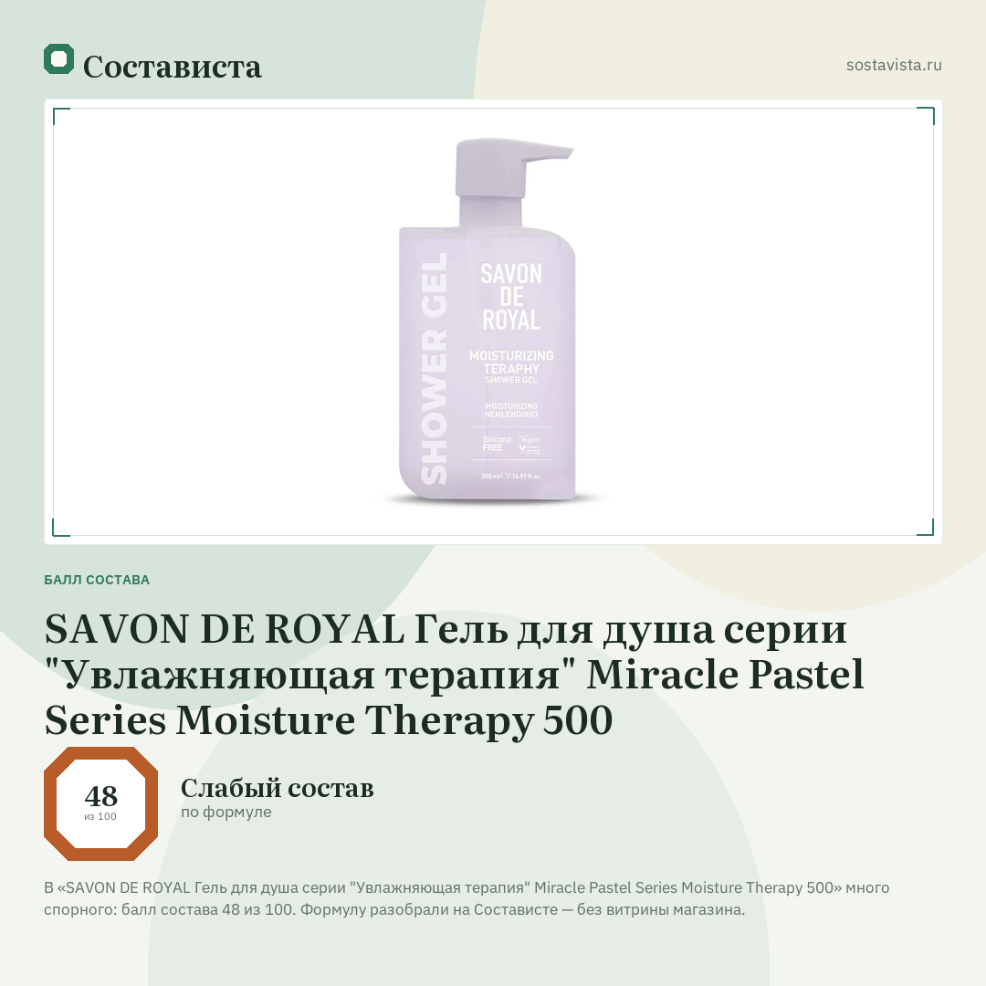 SAVON DE ROYAL Гель для душа серии "Увлажняющая терапия" Miracle Pastel Series Moisture Therapy 500: балл состава 48 из 100 — Состависта