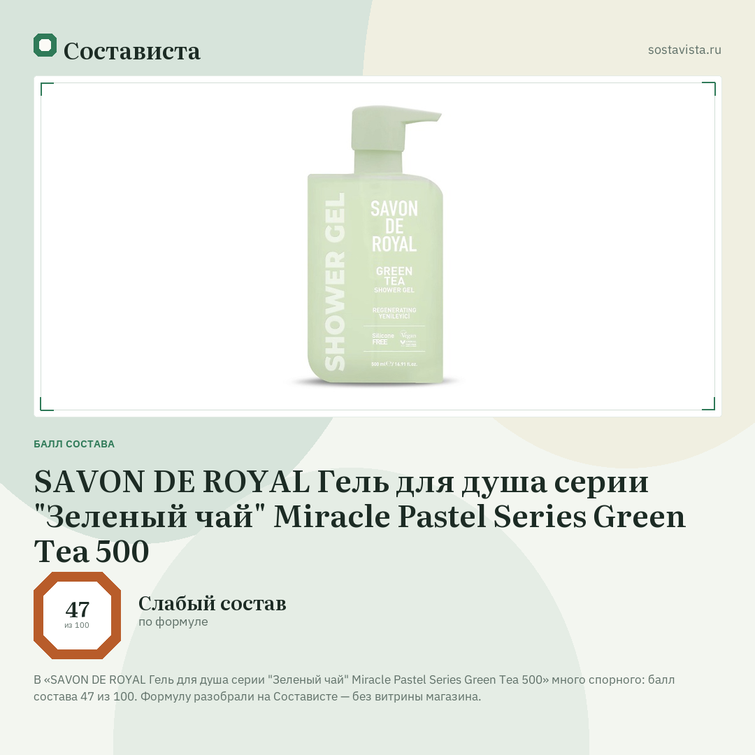 SAVON DE ROYAL Гель для душа серии "Зеленый чай" Miracle Pastel Series Green Tea 500: балл состава 47 из 100 — Состависта