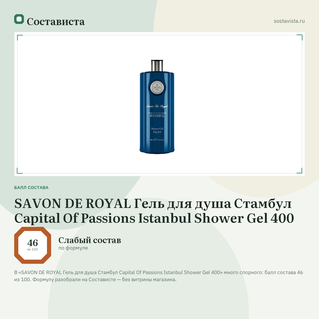 SAVON DE ROYAL Гель для душа Стамбул Capital Of Passions Istanbul Shower Gel 400: балл состава 46 из 100 — Состависта