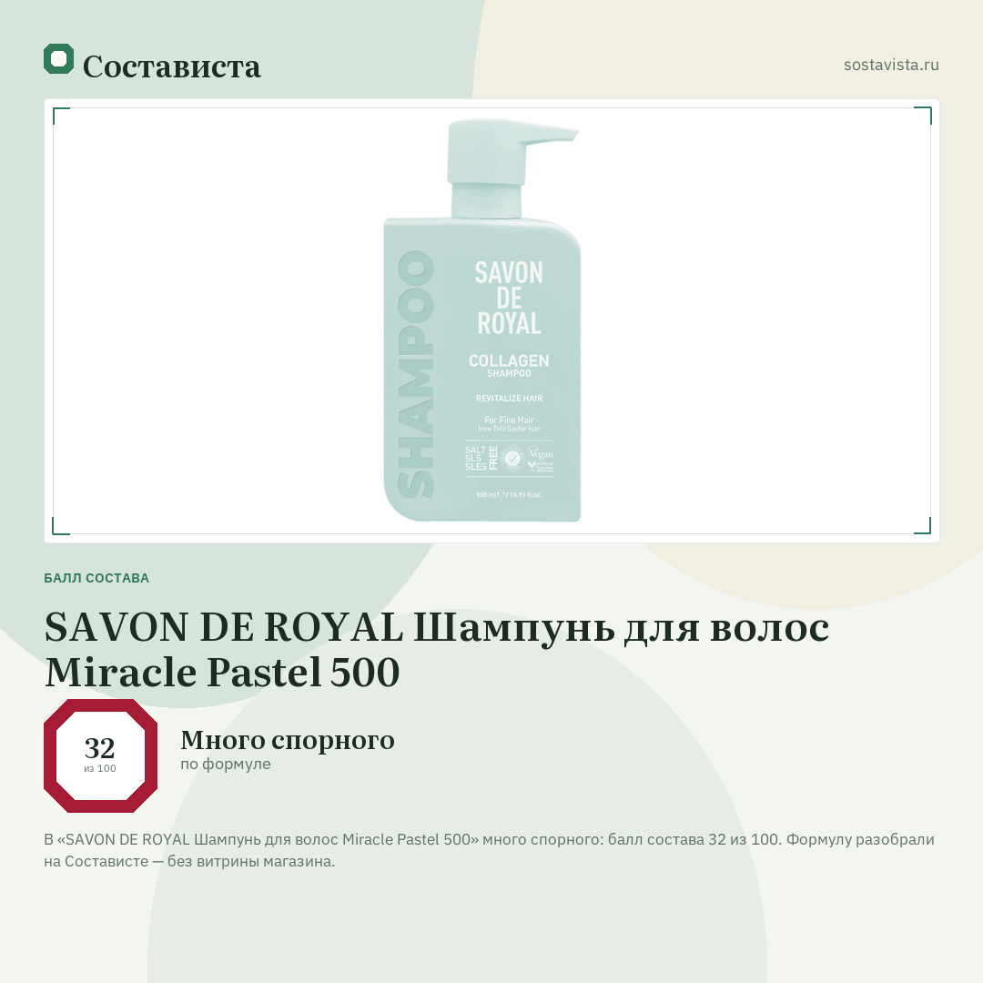 SAVON DE ROYAL Шампунь для волос Miracle Pastel 500: балл состава 32 из 100 — Состависта